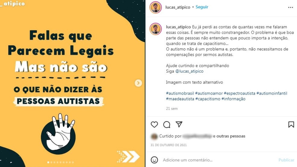 Lucas Pontes de Andrade, de 24 anos, foi diagnosticado com TEA em 2018 e usa a conta do Instagram para acolher pessoas com o transtorno — Foto: Instagram /Reprodução