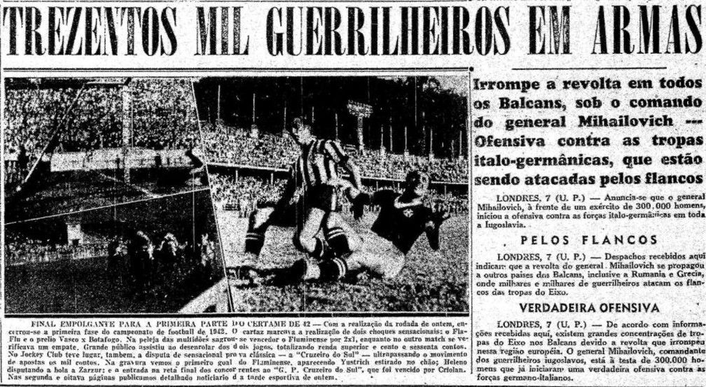 Futebol dividindo as atenções com os conflitos da guerra na capa do jornal "O Globo" de 08/06/1942 — Foto: Reprodução