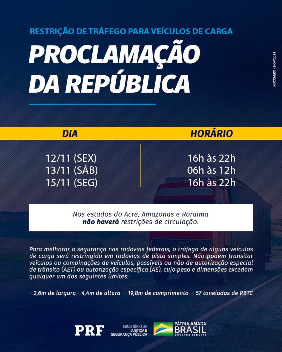 Restrição de circulação ao longo do feriado da Proclamação da República  — Foto: Divulgação/PRF