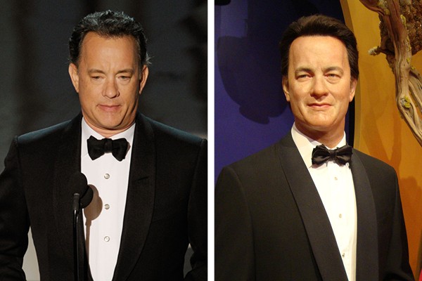 Tom Hanks e à direita, a sua estátua de cera (Foto: Getty Images / Arquivo Pessoal)