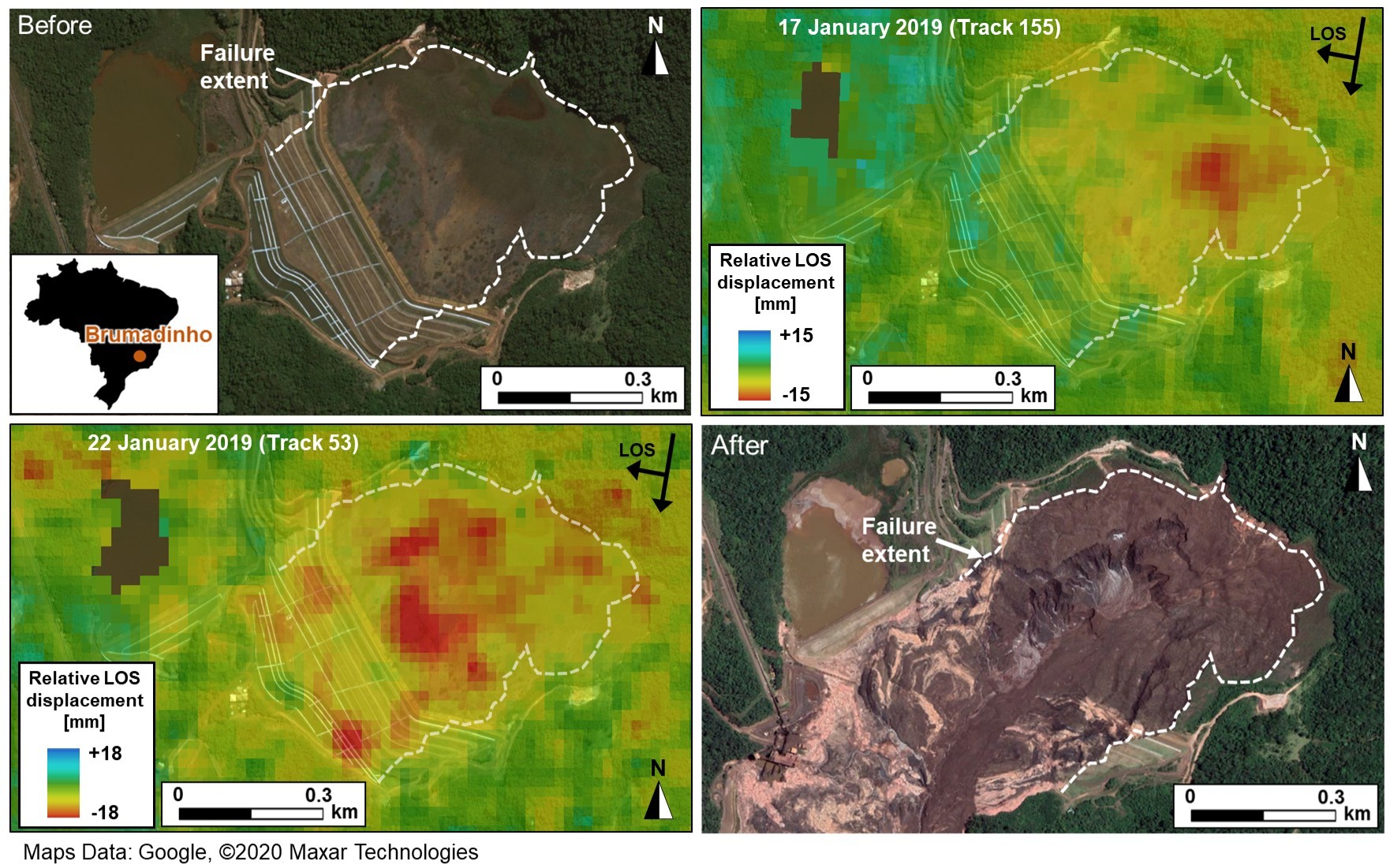 Imagens de satélite mostram a movimentação dos rejeitos da barragem de Brumadinho (Foto: Grebby et al./Communications Earth & Environment 2021)
