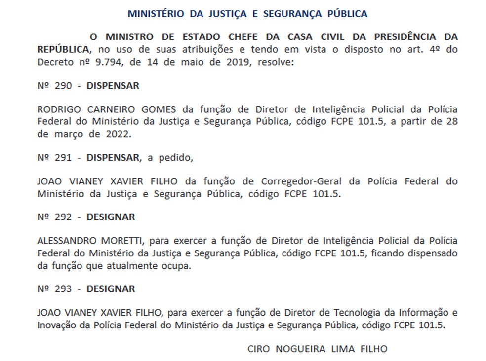 Exonerações na PF — Foto: Reprodução / Diário Oficial da União 