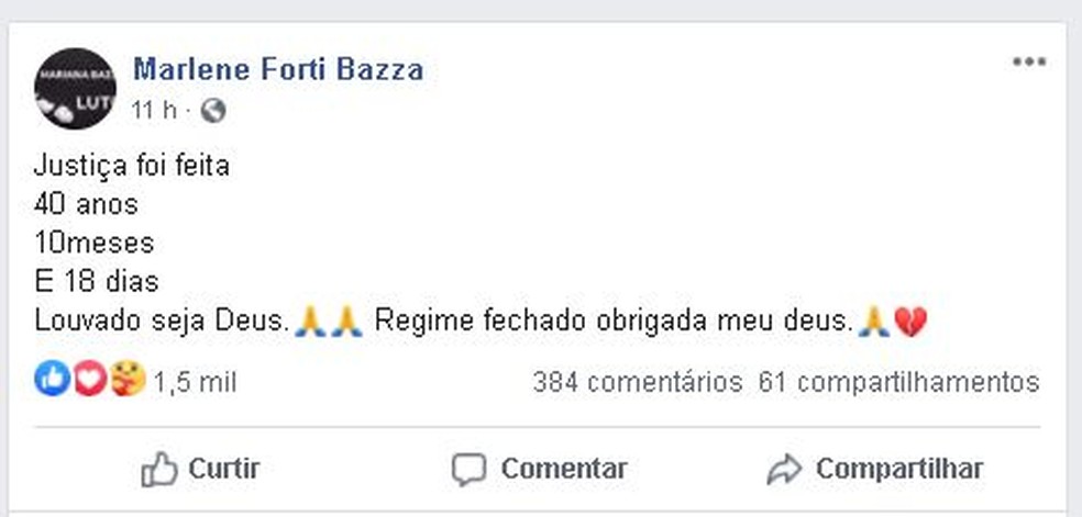 Mãe fez uma postagem sobre a condenação do acusado de matar Mariana em Bariri  — Foto: Facebook/ reprodução 