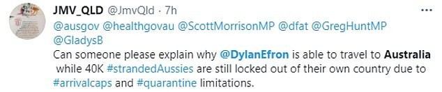 Australianos reclamam da chegada de Dylan Efron ao país em meio a pandemia (Foto: Twitter)