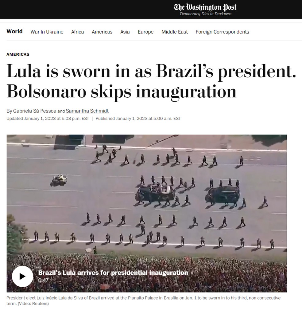 O "The Washington Post" chamou atenção para ausência de Bolsonaro na cerimônia — Foto: Reprodução