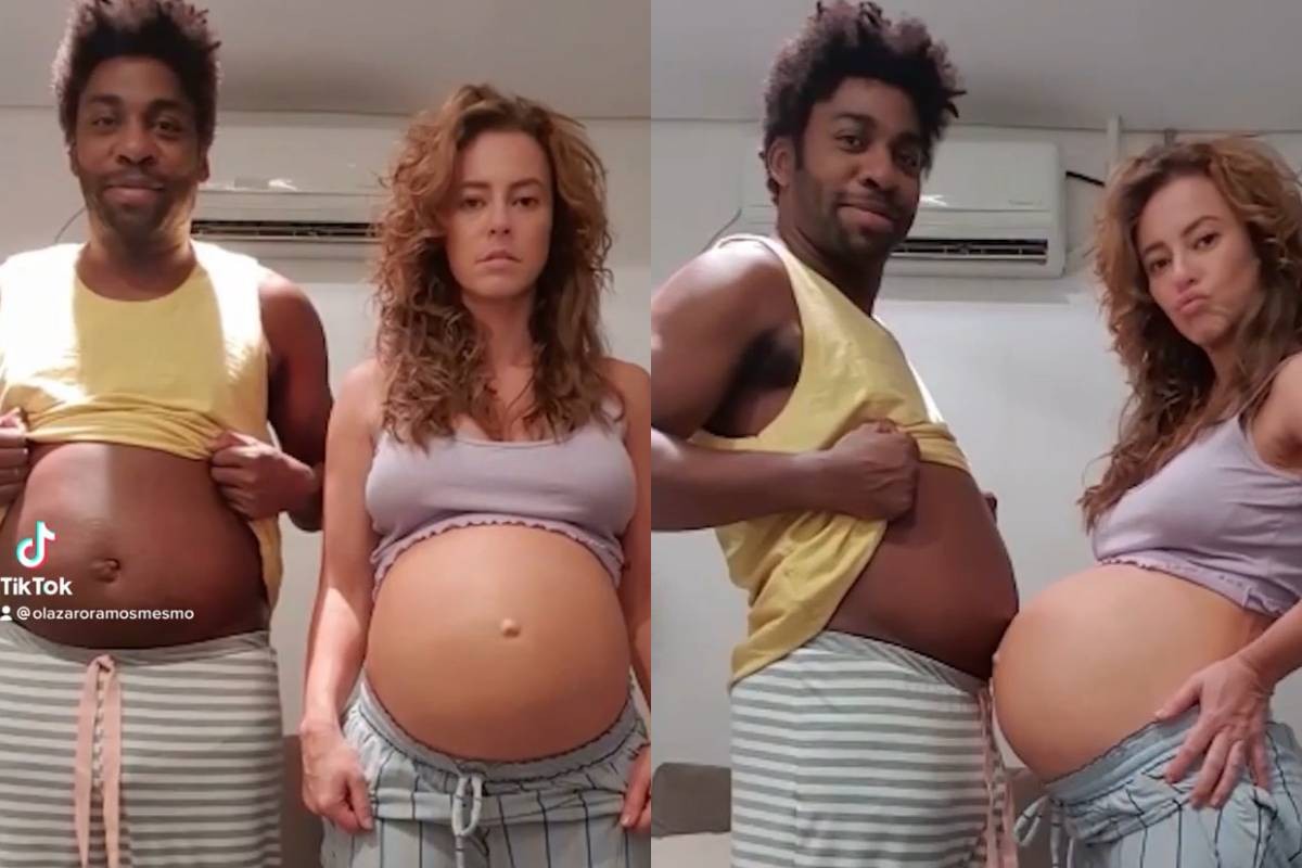 Paolla Oliveira surge 'grávida' ao lado de Lázaro Ramos em bastidores de filme