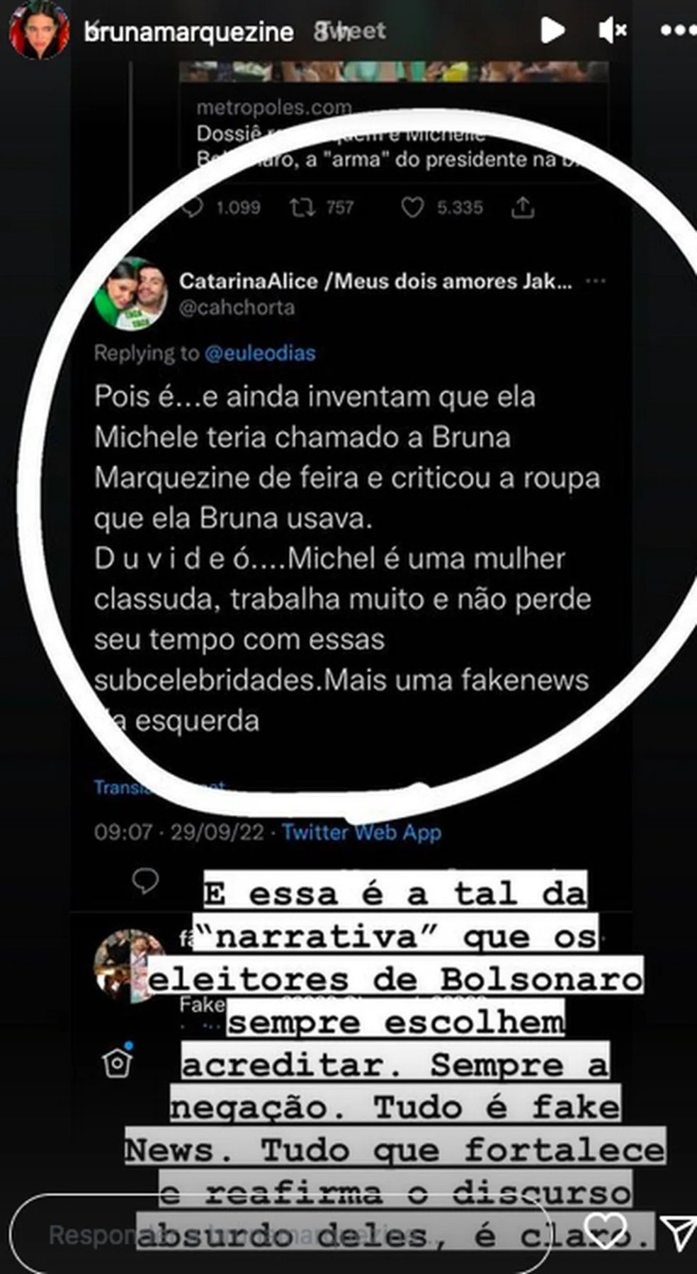 Bruna Marquezine responde crítica de Michelle Bolsonaro — Foto: Reprodução/Intagram