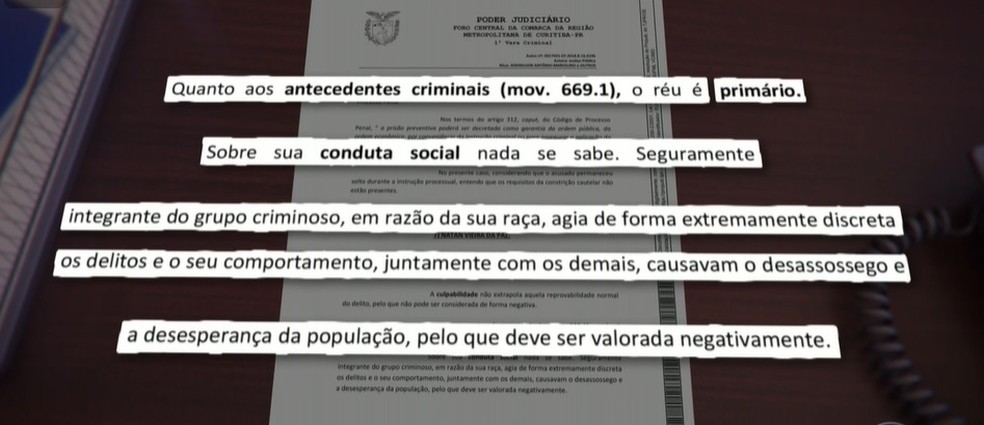 Juíza escreveu que réu era integrante de grupo criminoso por causa da sua raça, em Curitiba — Foto: Reprodução/TV Globo