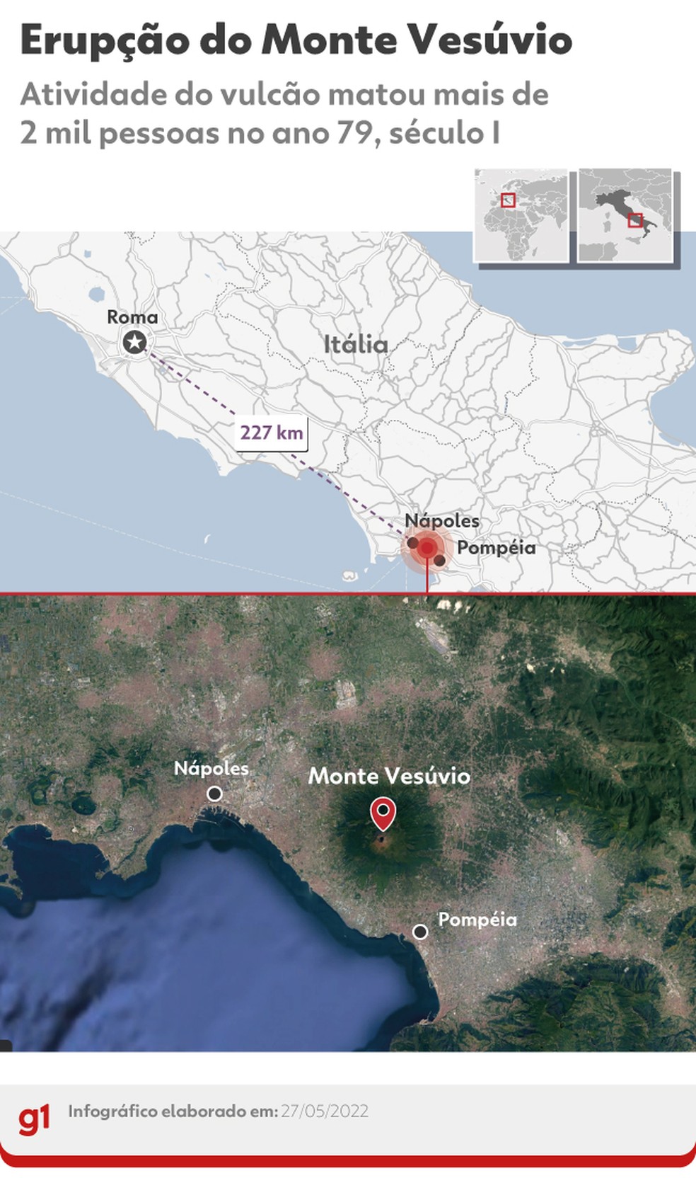 Infográfico mostra local da erupção do Monte Vesúvio, em Pompeia, no século I — Foto: Arte g1