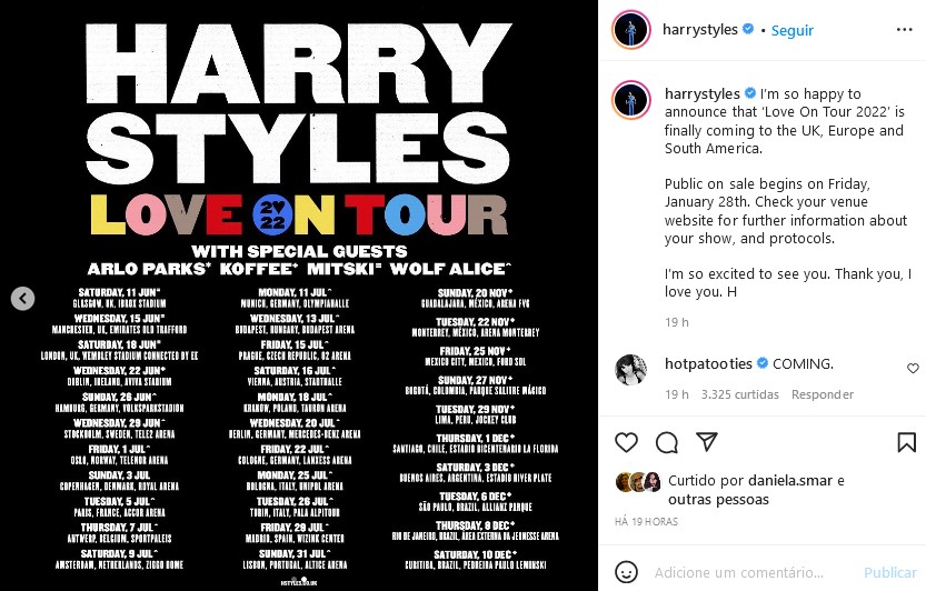 O post no Instagram de Harry Styles anunciando as novas datas de sua turnê mundial em 2022 (Foto: Instagram)