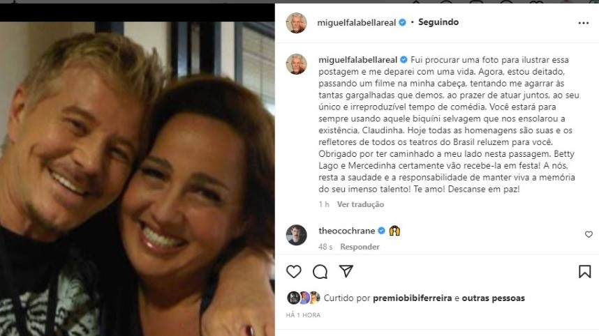 Miguel Falabella faz homenagem a Claudia Jimenez (Foto: Reprodução / Instagram)