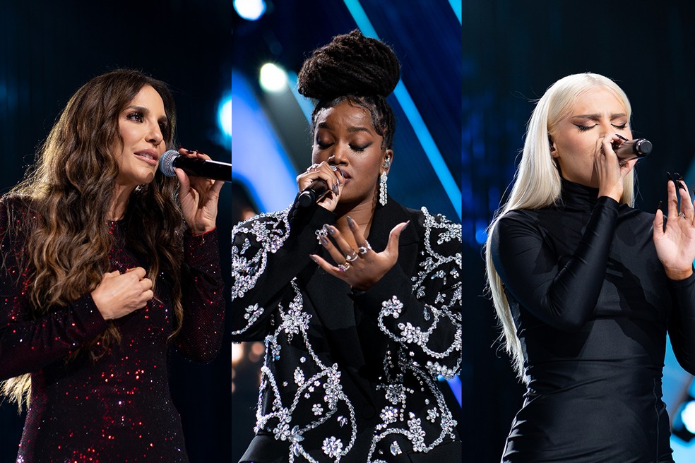 Ivete, IZA e Luísa Sonza cantaram hits de Marília Mendonça no palco da premiação — Foto: Multishow