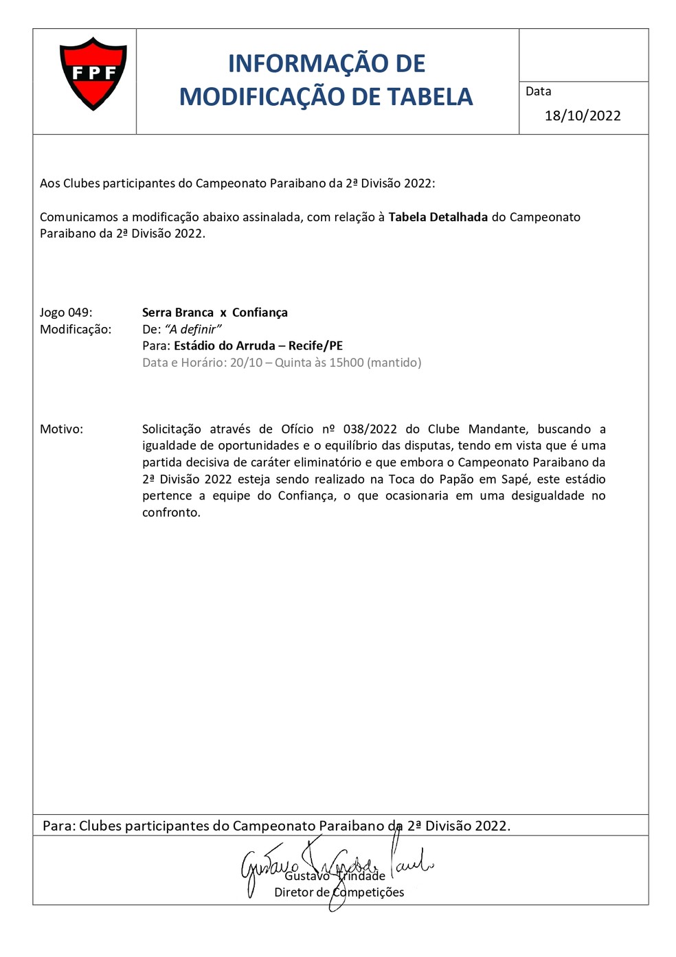 FPF-PB, confirmou a alteração nesta tarde — Foto: Divulgação / FPF-PB