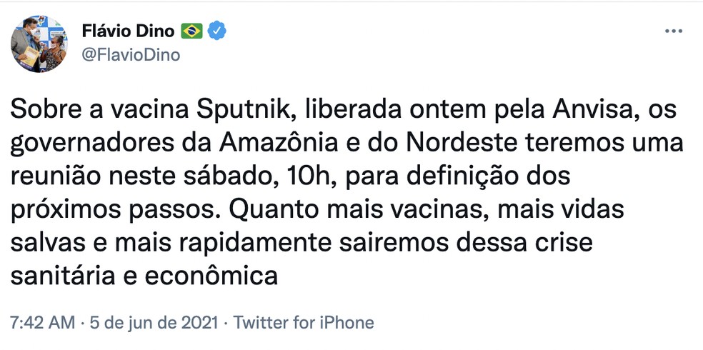 Imagem mostra tuíte do governador do Maranhão, Flávio Dino (PCdoB), em que afirma que os governadores do Nordeste e da Amazônia se  — Foto: Reprodução/Twitter @FlavioDino