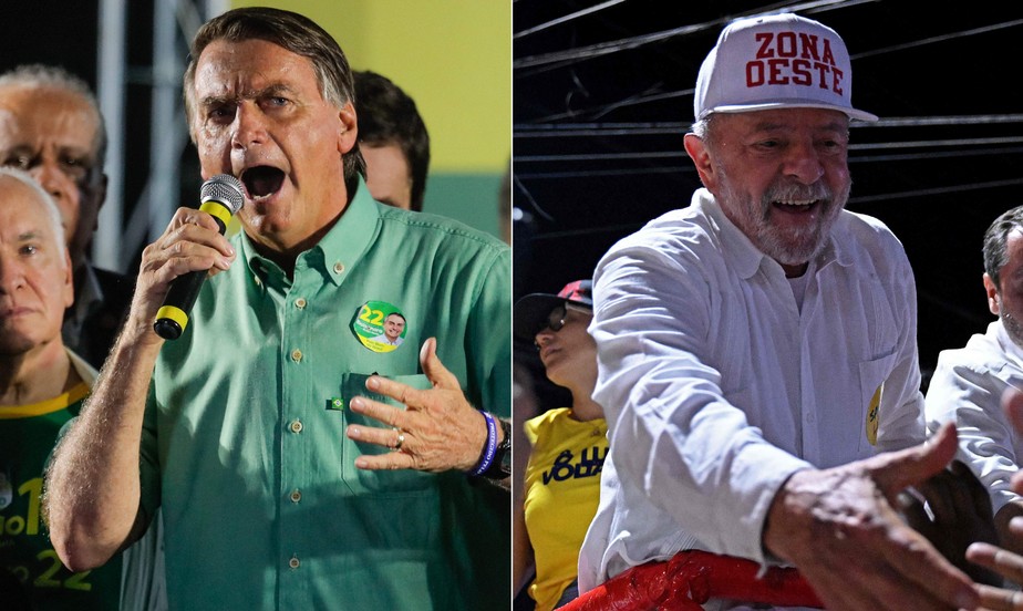 O presidente Jair Bolsonaro (PL) e o ex-presidente Luiz Inácio Lula da Silva (PT) em campanha no segundo turno