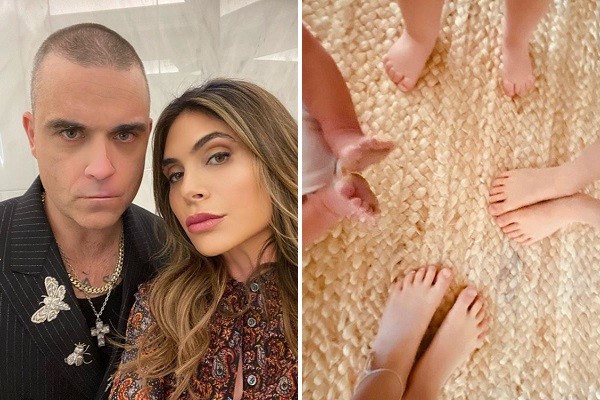 O cantor Robbie Williams e sua esposa, a atriz Ayda Field; os pés de seus quatro filhos (Foto: Instagram)