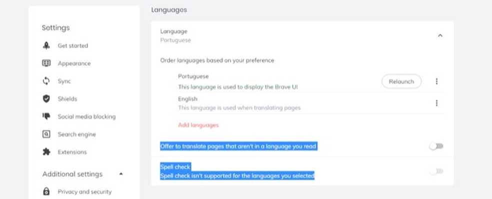 Área para configurar o idioma português como padrão no navegador Brave — Foto: Reprodução/Marvin Costa