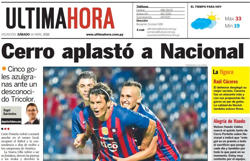 Jornal Última Hora destaca goleada sobre o Nacional por 5 a 0 (Foto: Reprodução )