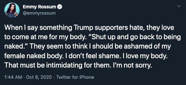 Um tuíte da atriz Emmy Rossum rebatendo as críticas de apoiadores de Donald Trump (Foto: Twitter)