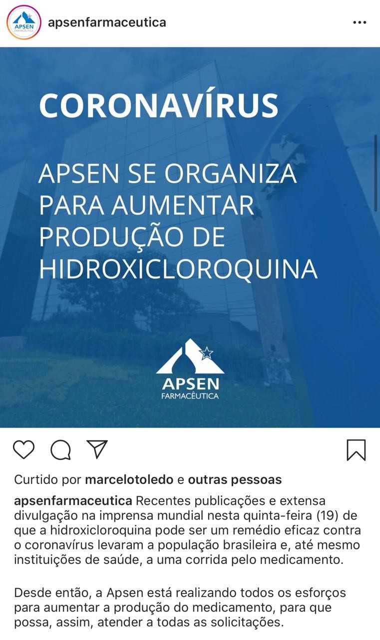 Farmacêutica Aspen se compromete a aumentar a produção de hidroxicloroquina  (Foto: Reprodução/Instagram)