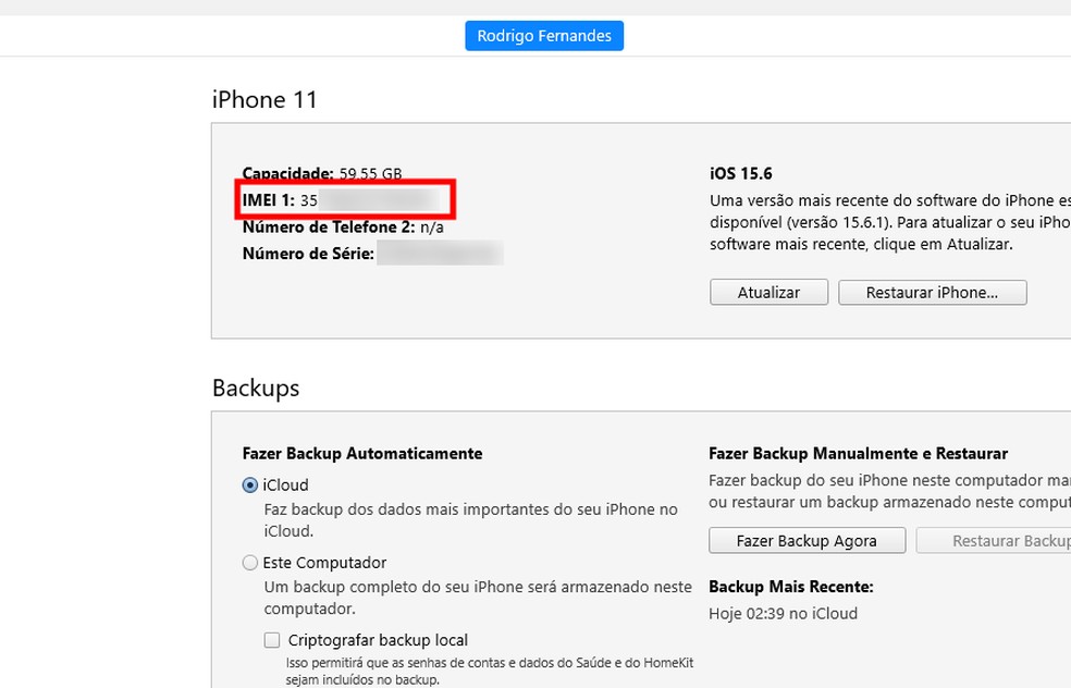 iTunes permite consultar IMEI do iPhone de forma fácil — Foto: Reprodução/Rodrigo Fernandes