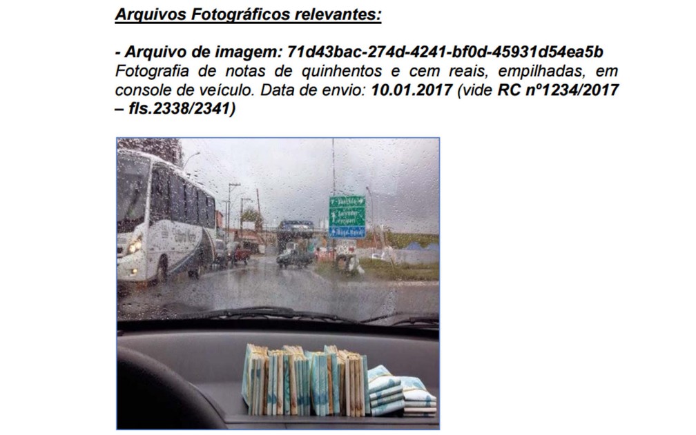 Foto anexada ao relatório da PF mostra maços de dinheiro em painel de carro (Foto: Polícia Federal/Reprodução)