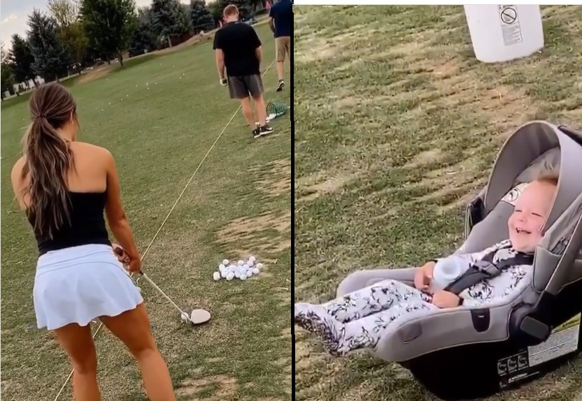 Mãe não acerta bolinha de golfe e bebê tem reação divertida  (Foto: Reprodução: Instagram )