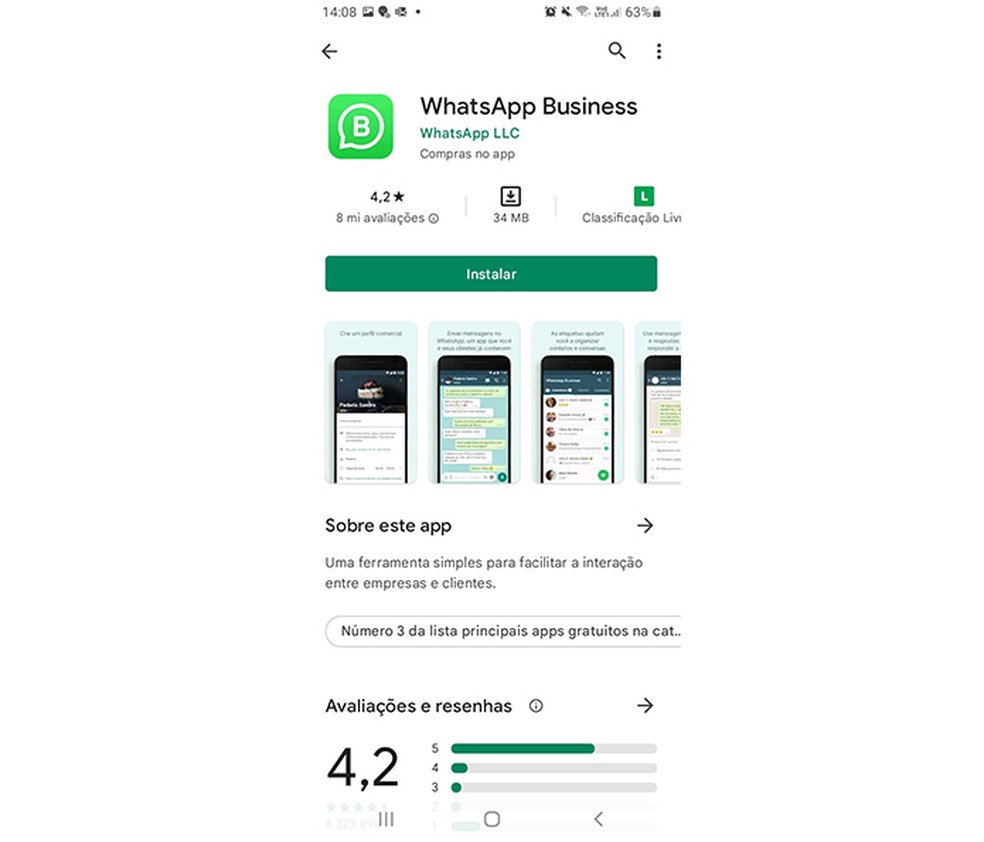 Toque em "Instalar" para confirmar o download do WhatsApp Business no celular — Foto: Reprodução/Marcela Franco