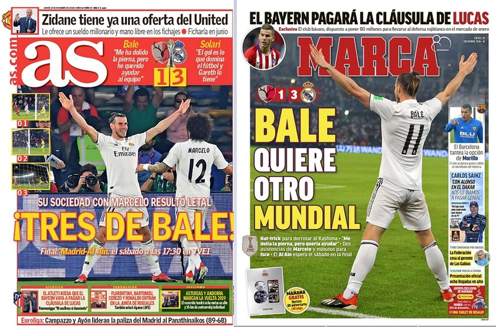 Bale e Marcelo estampam manchetes dos jornais espanhóis — Foto: Reprodução / AS / Marca