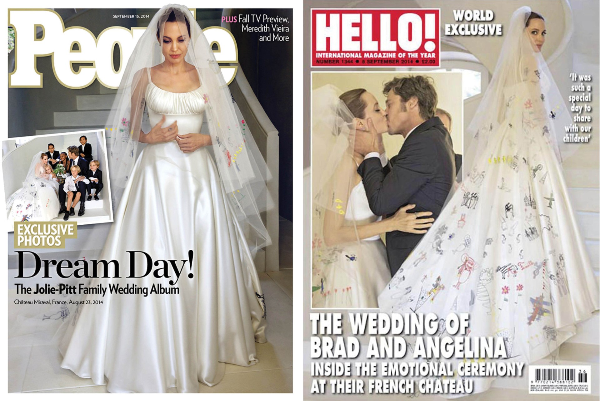Capas das revistas que compraram as imagens do casamento de Angelina Jolie e Brad Pitt (Foto: Reprodução)