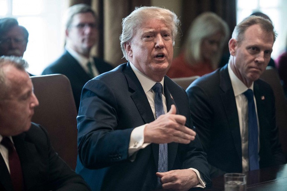 Presidente americano, Donald Trump, fala durante reuniÃ£o de gabinete na Casa Branca, em Washington, nesta segunda-feira (9)  (Foto: Nicholas Kamm / AFP)