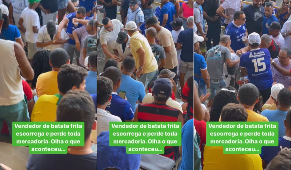 Torcedores fazem 'vaquinha' e ajudam vendedor de batata frita que perdeu mercadoria após cair em escada em estádio — Foto: Oziel Aragão/Redes Sociais