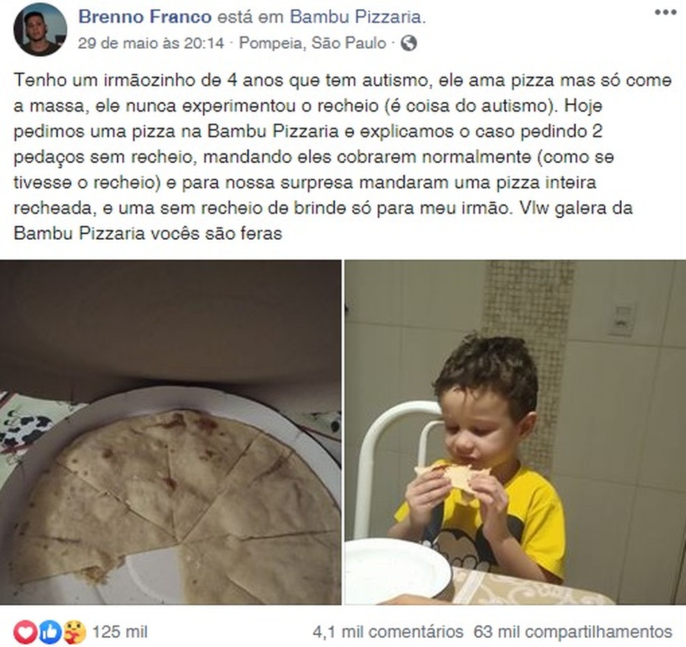 Pizzaria emociona e viraliza ao enviar pizza sem recheio para criança autista  Foto: Reprodução/Facebook