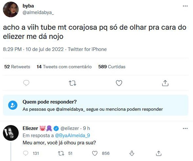 Eliezer bate boca com fãs no Twitter por namoro com Viih Tube (Foto: Reprodução / Twitter)