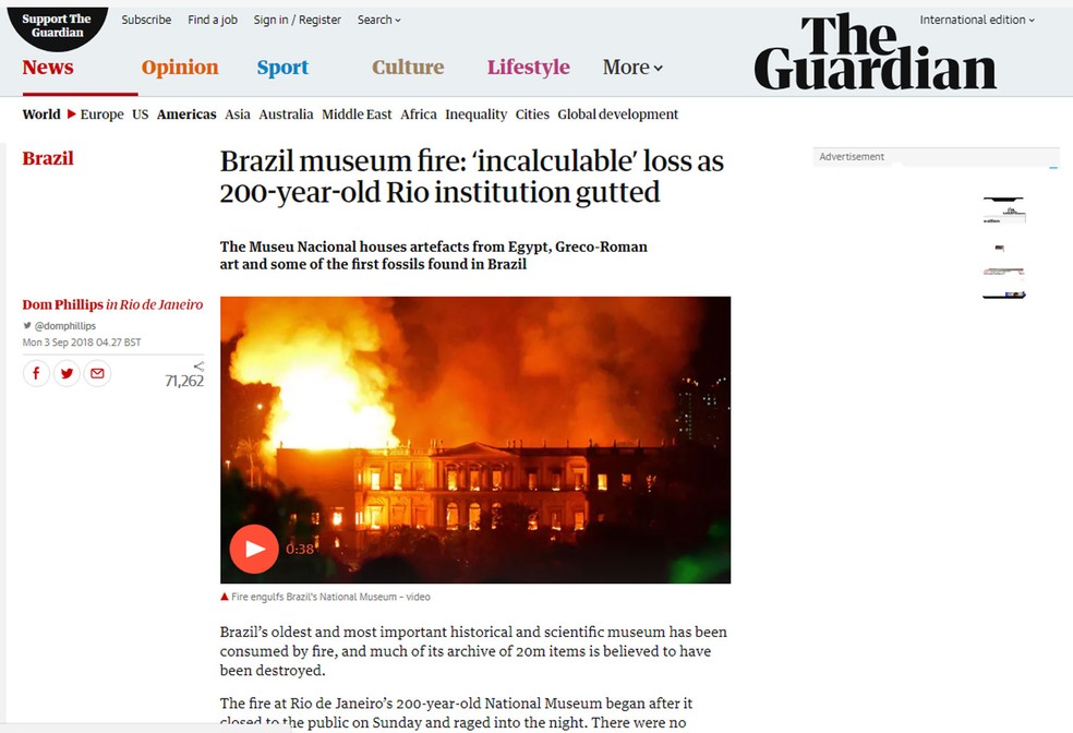 The Guardian registrou incêndio em museu (Foto: Reprodução/ The Guardian)