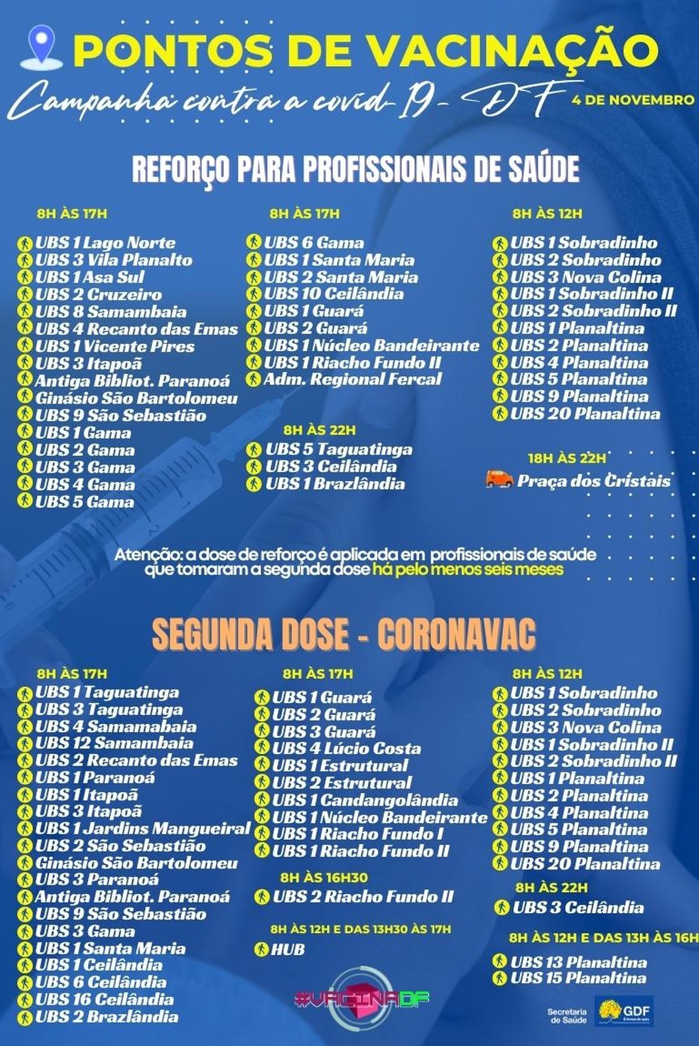 Postos para reforço em profissionais de saúde e segunda dose da CoronaVac no DF, em 4 de novembro de 2021. — Foto: Foto: SES-DF/Reprodução