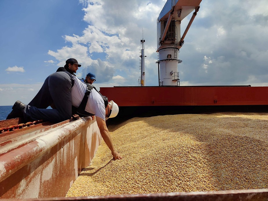 Fiscais inspecionam carga de milho da Ucrânia na costa noroeste de Istambul