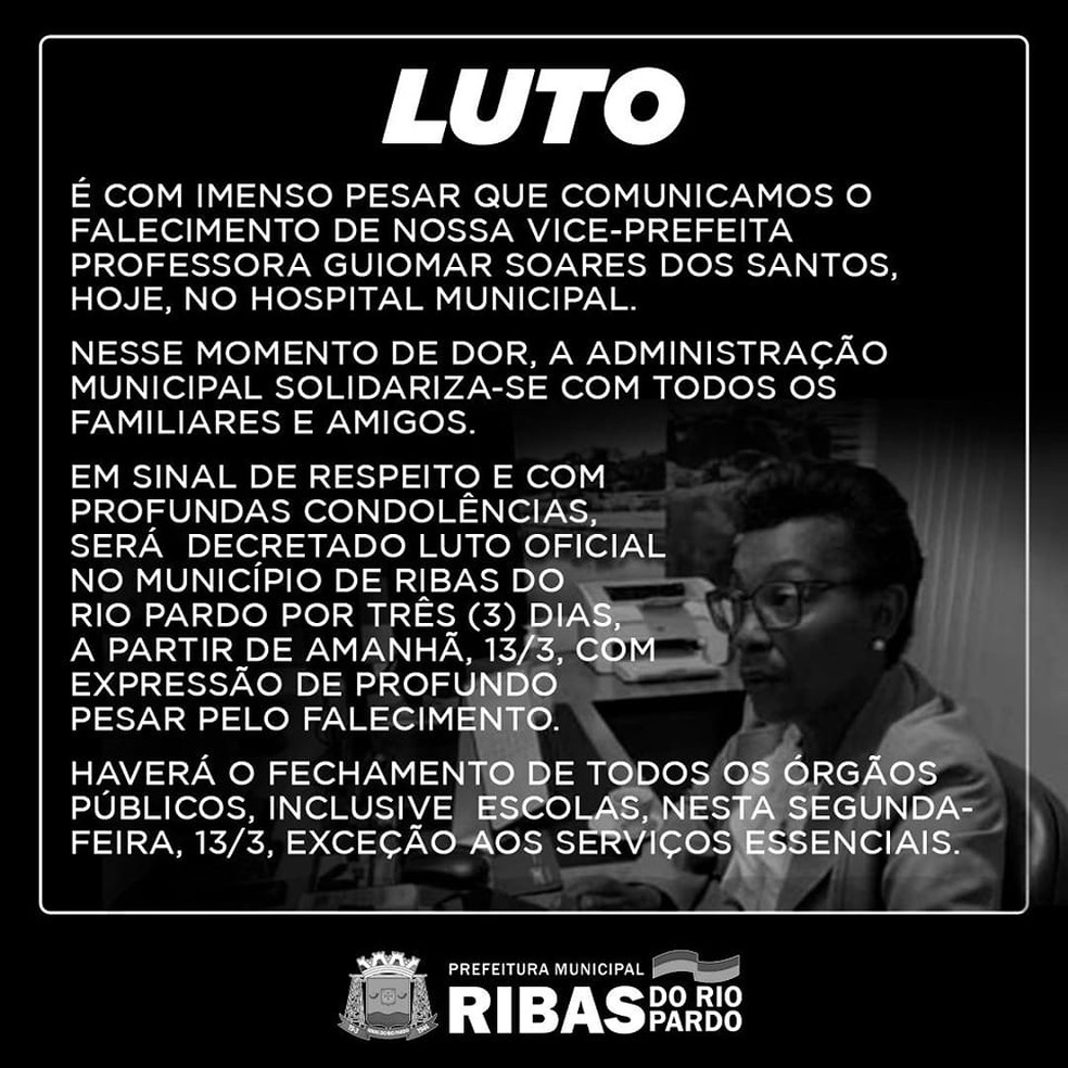 Prefeitura lamentou a morte da vice-prefeita  — Foto: Divulgação