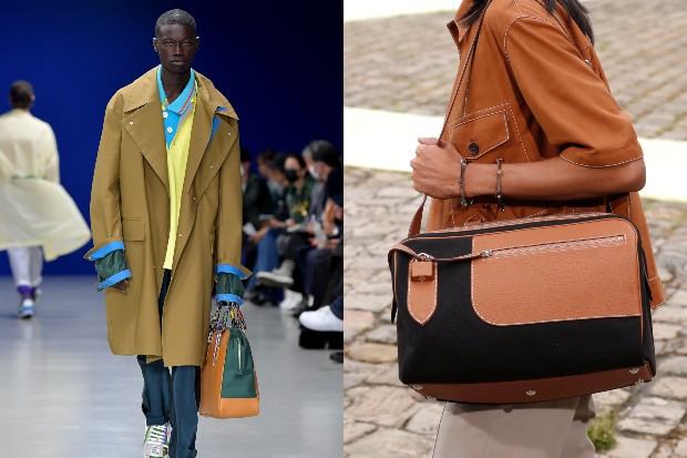 À esquerda, modelo desfila com maxi bolsa em desfile da Kolor; à direita, bolsa da coleção primavera/verão da Hermes (Foto: Getty Images)