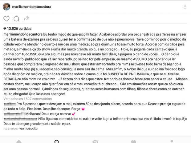 Marília Mendonça se pronuncia em postagem na internet (Foto: Reprodução/Instagram)