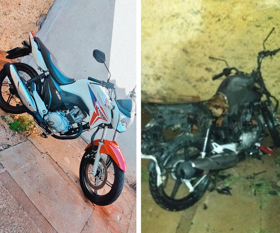 Motocicleta antes de ser incendiada (à esquerda) e depois do ocorrido (à direita), na Vila Minas Gerais, em Teodoro Sampaio (SP) — Foto: Polícia Civil