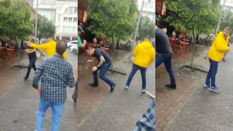 O vereador Leonel Radde (PT) e o ex-vereador Alexandre Bobadra (PL) trocaram agressões em Porto Alegre — Foto: Reprodução/Twitter/Daiana Santos