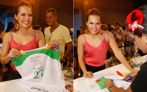 A atriz Letícia Colin customiza sua camiseta by Morena Rosa no meeting point da Marina da Glória