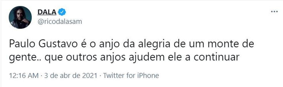 'Anjo da alegria', diz Rico Dalasam sobre Paulo Gustavo — Foto: Reprodução/Twitter