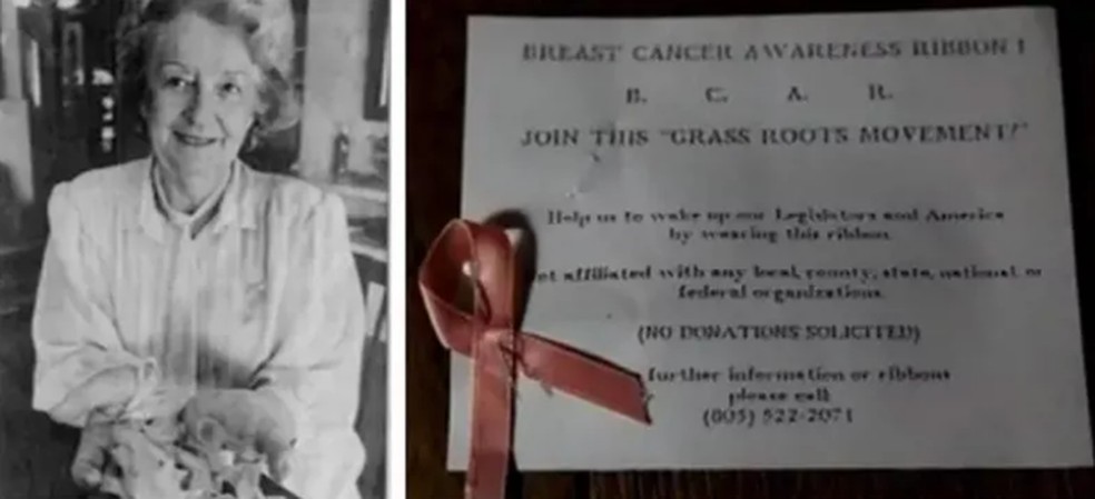 Outubro Rosa.  Charlotte Haley e o cart&atilde;o com a fita cor-de-p&ecirc;ssego &mdash; Foto: Reprodu&ccedil;&atilde;o