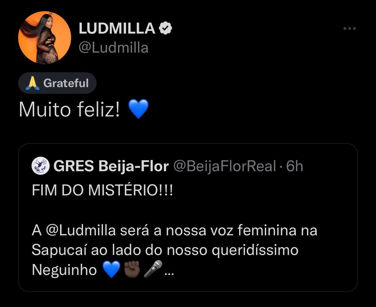 Ludmilla será a voz feminina do carro de som da Beija Flor no carnaval 2023 (Foto: Reprodução / Instagram)