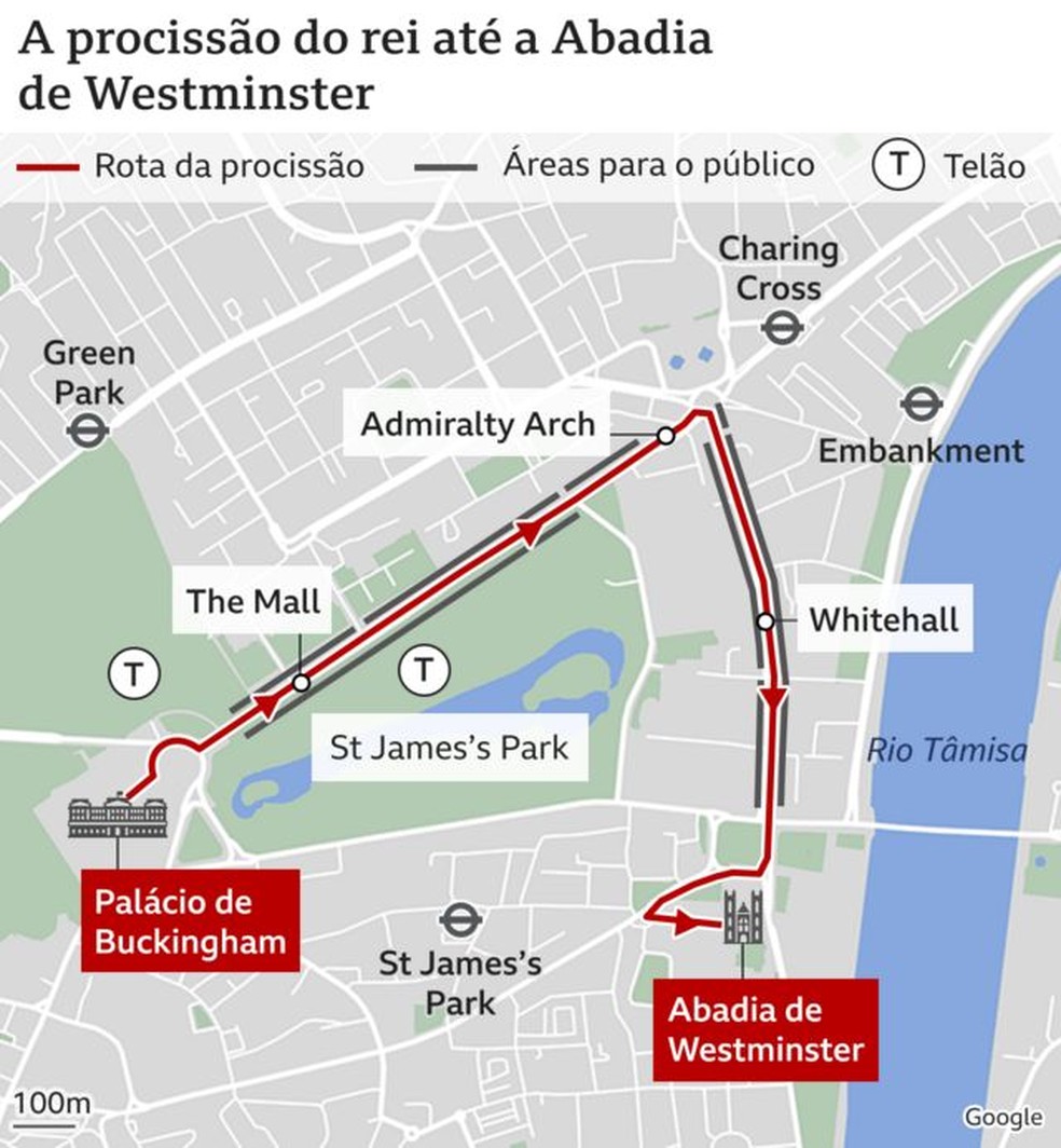 O cortejo do Palácio de Buckingham até a Abadia de Westminster percorrerá pouco mais de 2 km pelo centro de Londres. — Foto: BBC 