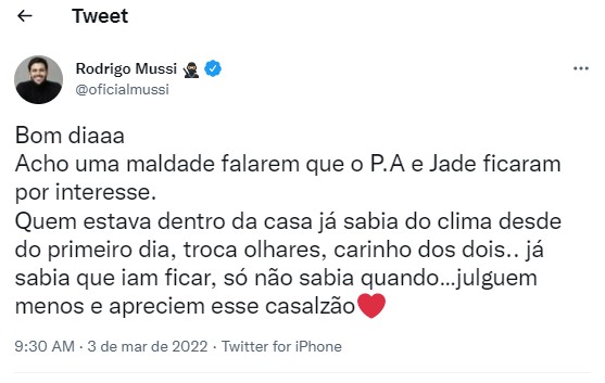 Rodrigo Mussi defende o casal Jade Picon e Paulo André  (Foto: TwitterReprodução)