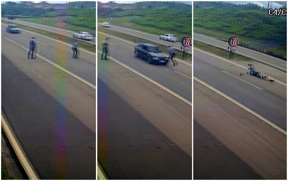 Câmera flagra momento em que policial rodoviário é atropelado por carro que 'furou' ordem de parada em Cabreúva — Foto: Reprodução