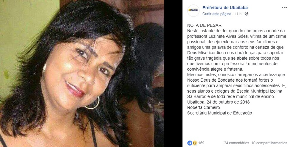 Professora foi morta a facadas em Aurelino Leal. — Foto: Reprodução/Facebook